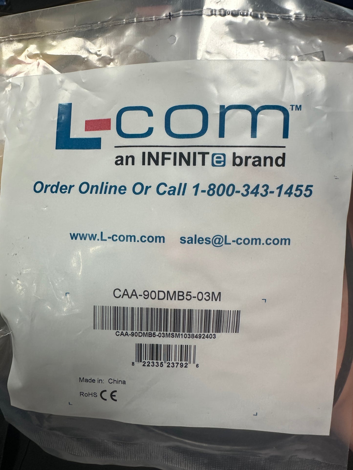 L-com CAA-90DMB5-03M USB-A to Down-Angle Mini-USB B Cable – 0.3m