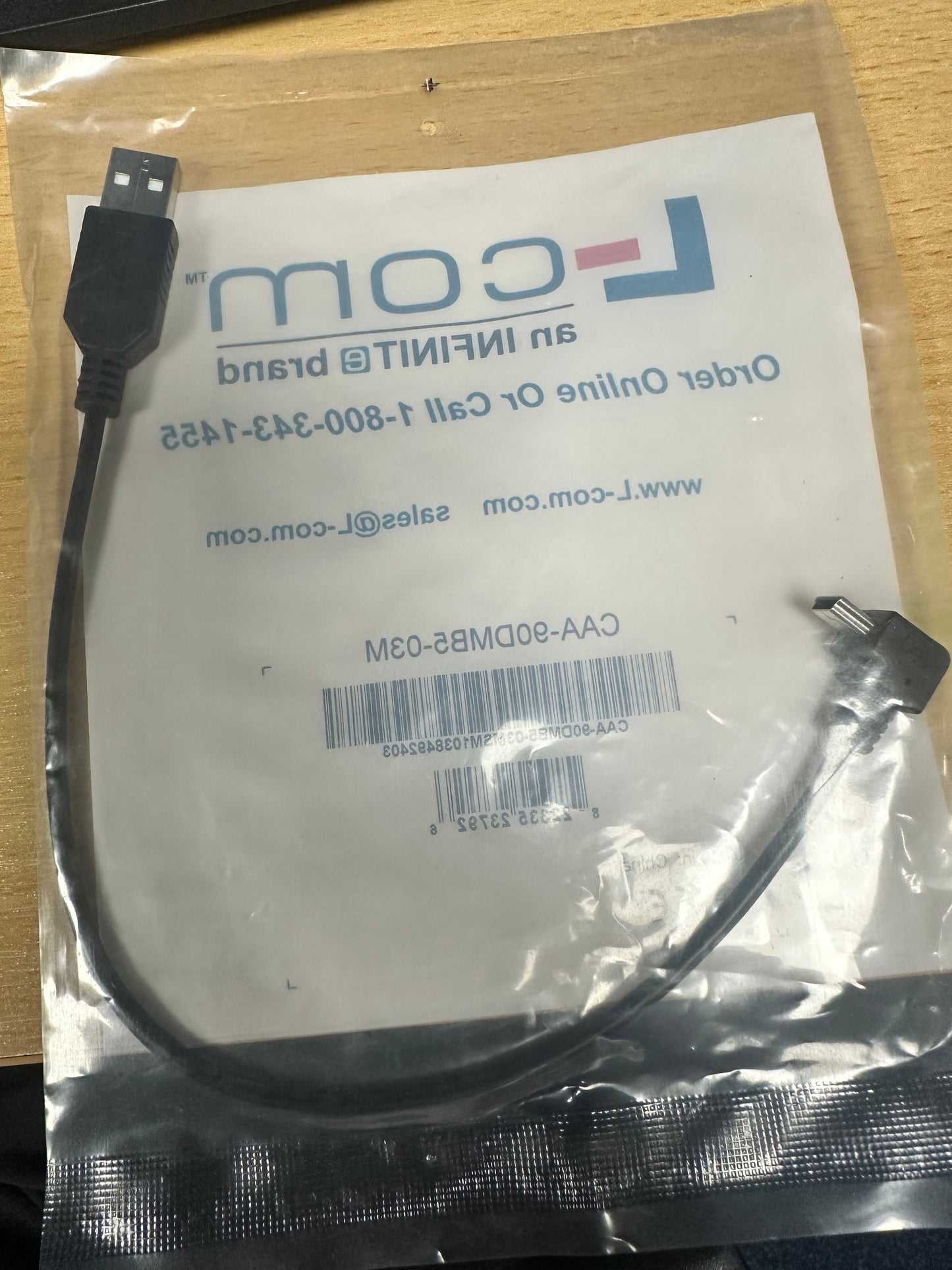 L-com CAA-90DMB5-03M USB-A to Down-Angle Mini-USB B Cable – 0.3m